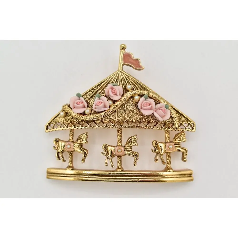 1928 Vintage Carousal Pin Brooch Horse Gold Pink Roses Romantic 1980s BinBG